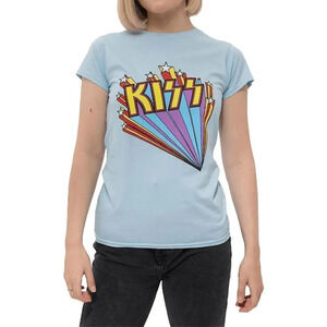 NWT KISS Women's Blue Graphic Cap Sleeve Band Tee T-Shirt Size L